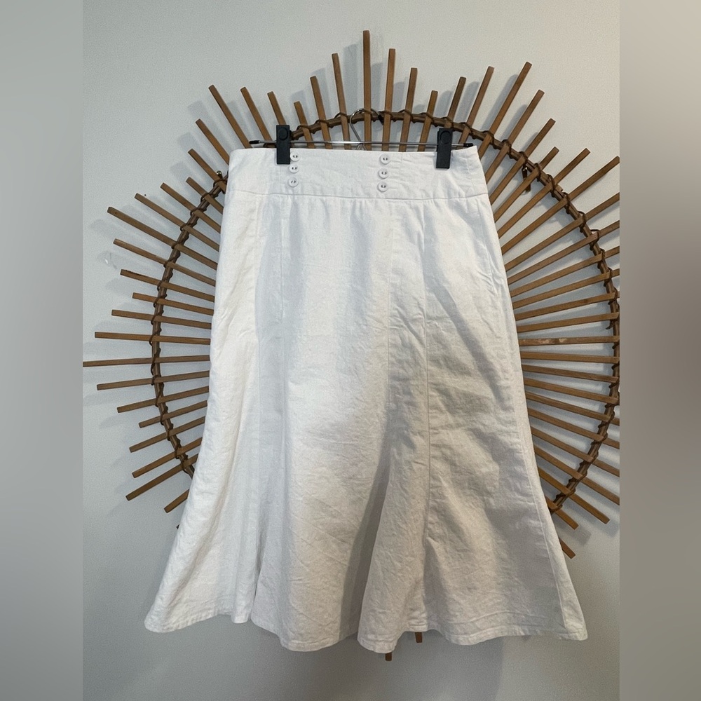 Vintage Y2K Cato White Linen Button-Detail Midi Skirt Coastal Summer Size 8